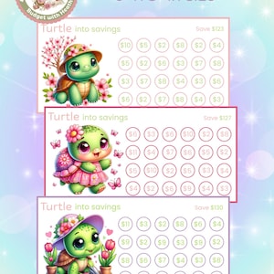 May include: Digital download featuring three colorful savings trackers with turtle illustrations. Each tracker, sized 6" x 3", has a different turtle design and a target savings amount. The trackers are decorated with flowers and butterflies.