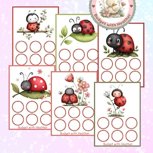 Può includere: Fogli di budget stampabili con adorabili coccinelle dei cartoni animati in varie pose. Ogni foglio ha uno sfondo bianco, un bordo rosso o verde e sei cerchi vuoti. I fogli sono etichettati "Budget with Heather".
