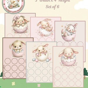 May include: Set of six printable savings challenges featuring adorable bunny illustrations. Each card is 3 inches wide and 4 inches high, with a pink and white color scheme. The cards have a series of circles for tracking savings goals.