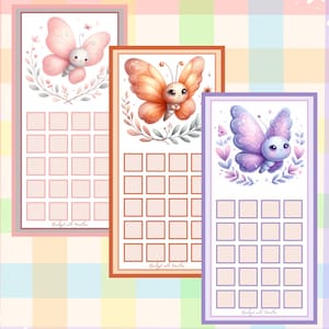 May include: Three colorful butterfly-themed planner pages. Each page features a different butterfly design in pink, orange, and purple, surrounded by floral accents. The pages have a grid of squares and the text "Budget with Heather".