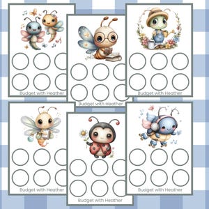 May include: Six printable budget sheets featuring adorable watercolor illustrations of cartoon insects. Each sheet has a different insect, including a bee with glasses, a ladybug, and a gardening insect. The text "Budget with Heather" is at the bottom of each sheet.