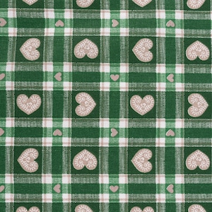 Tessuto di cotone a quadri country house con cuore verde, larghezza 1,40 m