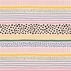 Dekorativt bomullstyg Mikela5, horisontella ränder, prickar, streck, beige, flerfärgad, 1.4