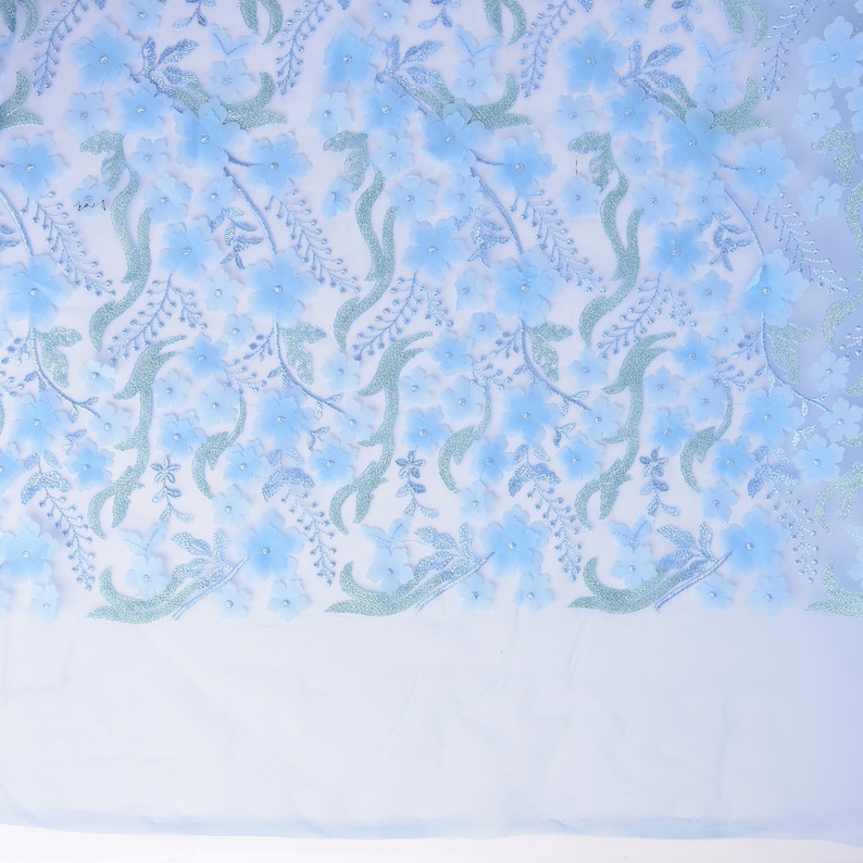 Embroidery tulle flower fabric tulle with sequins and tendrils embroidered light blue 1.32 m width