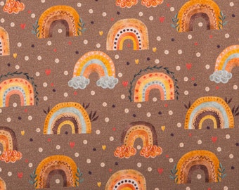 Jersey Stoff Regenbogen Punkte braun orange 1,4m Breite