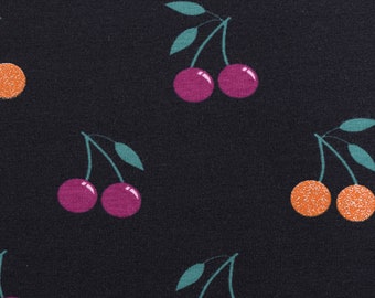 Jersey Stoff GLITTER CHERRIES Kirschen Glitzer schwarz lila 1,45m Br.