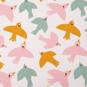 Cotton fabric woven Lewis birds white pink yellow mint 1.47 m