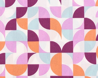 Cotton fabric poplin GEOMETRIC retro circles ecru violet 1.45 m width