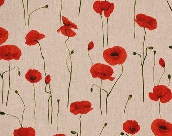 Dekostoff Halbpanama Leinenlook Poppy Field Mohnblumen natur rot 1,40m