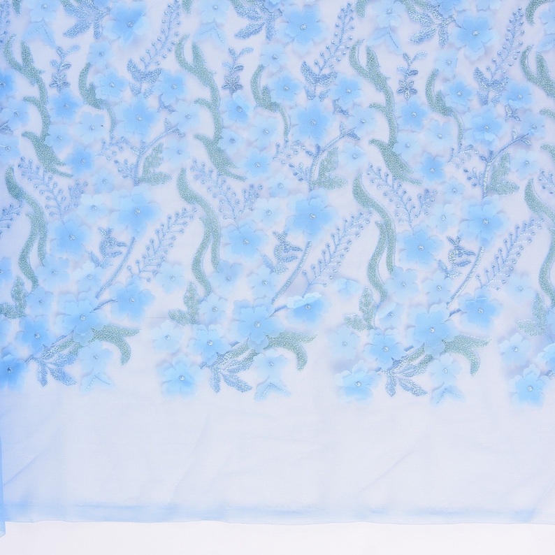 Embroidery tulle flower fabric tulle with sequins and tendrils embroidered light blue 1.32 m width