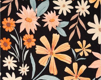 Jersey fabric by the meter, cotton jersey, digital print, flowers, black and multicolored, 140 cm