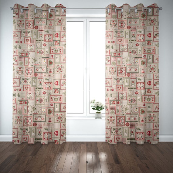 Decorative Fabric Country House Edelweiss Patchwork Flowers Hearts Natural  Green Red 1, - Etsy