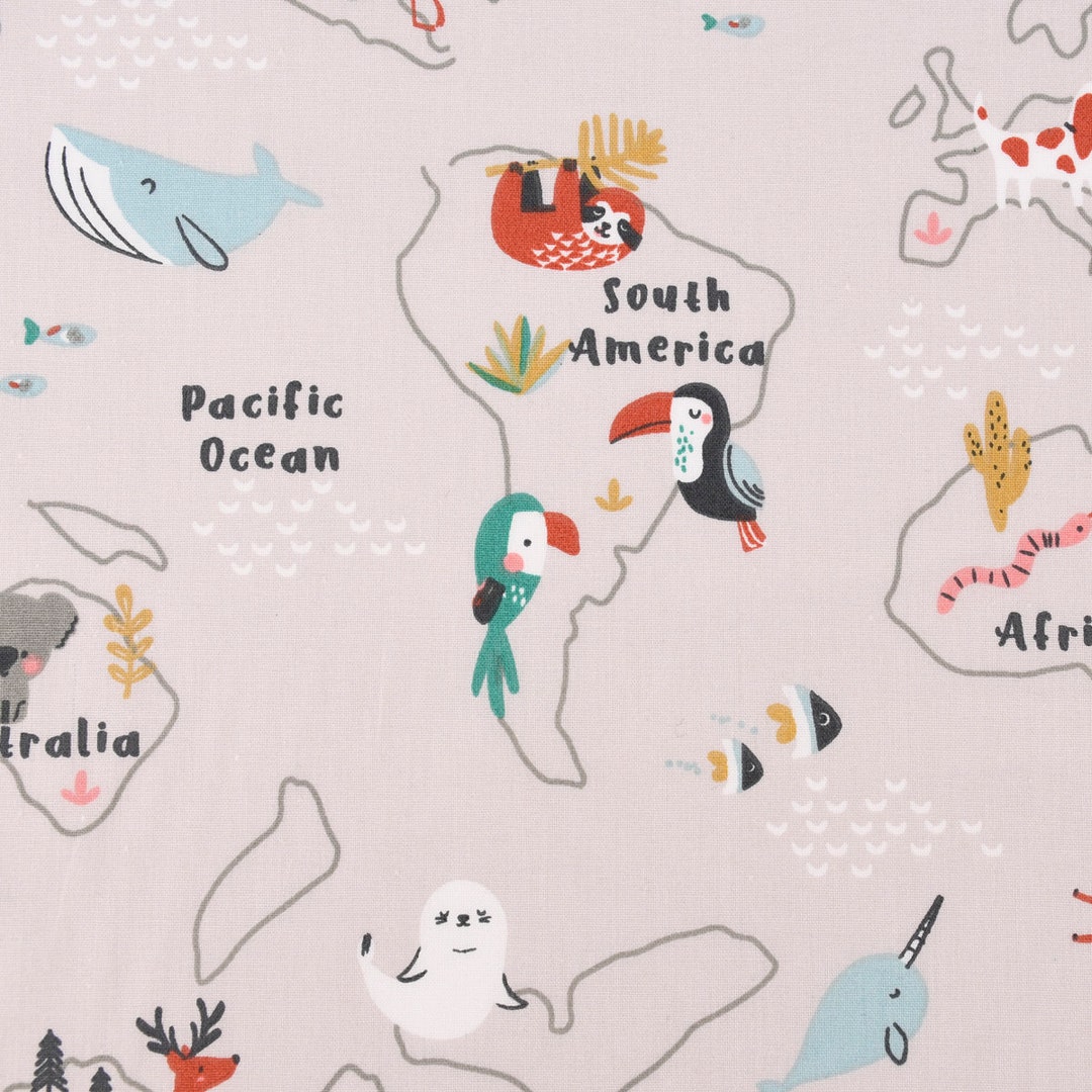 Cutton Map Cotton Fabric MAPZOO World Map Continents Animals Beige - Etsy Israel