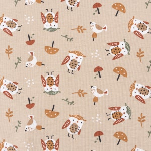 Baumwolljersey Jerseystoff Becoti Eule Pilze Vögel beige 1,45m Breite