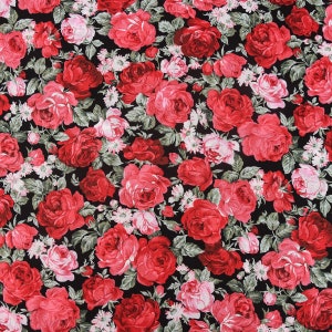 Cotton fabric roses black red green 1.45 m width