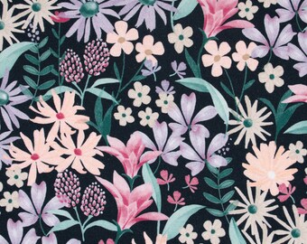 Baumwolljersey Jerseystoff Meterware Digitaldruck Blumen schwarz lila rosa grün 140cm bunt