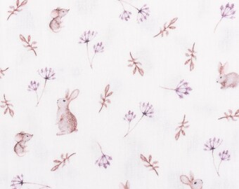 Muslin fabric made of cotton rabbit flowers off-white brown 1.35 m width