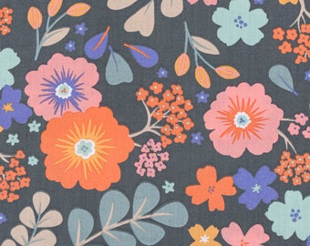 Cotton fabric poplin Dolores flowers dark green colorful 1.42 m width