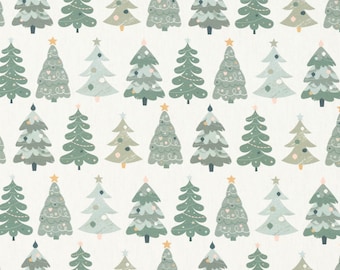 Decoratieve stof katoen Merry Christmas Kerstbomen ecru groen 1.40 m
