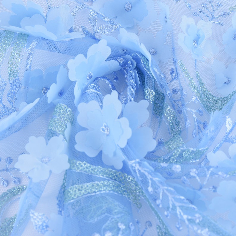 Embroidery tulle flower fabric tulle with sequins and tendrils embroidered light blue 1.32 m width