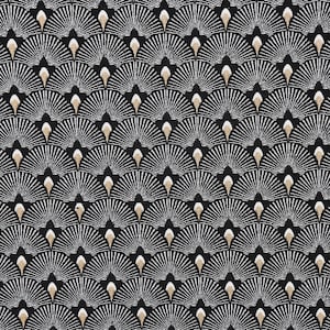 Dekostoff Meterware Jacquard-Stoff Art Deco Fächer Pfau schwarz weiß goldfarbig 140cm