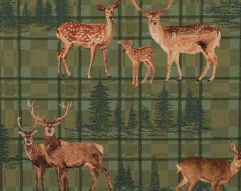 Tissu décoratif GobelPremium Deer Check cerfs sapins carreaux vert marron