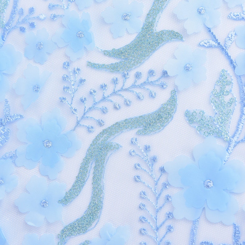 Embroidery tulle flower fabric tulle with sequins and tendrils embroidered light blue 1.32 m width