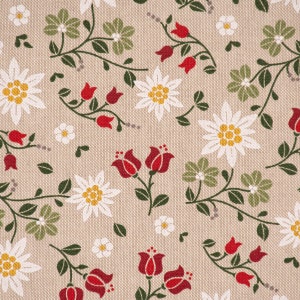 Dekostoff Leinenlook Landhaus Edelweiß  Blumen natur grün rot 1,40m