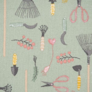 Cotton fabric Potager garden tools green 1.40 m width