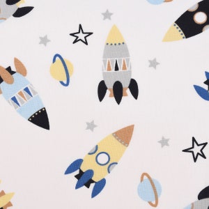 Cotton fabric FUSEE rocket planets stars white blue grey yellow 1.5 m