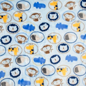 Wellness Fleece Tierkinder Löwe Giraffe blau gelb braun 1,4m Breite