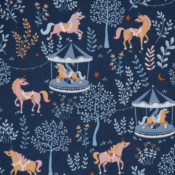 Tissu en coton tissu décoratif Carrousel chevaux carrousel arbres bleu 1,60 m