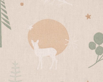 Dekostoff Cold Forest Animals Bäume Waldtiere beige grün weiß 1,40m