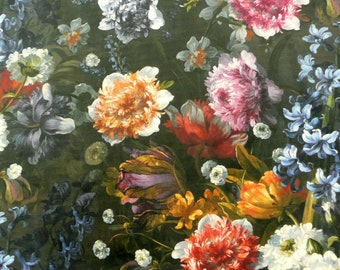 May include: A dark green background with a floral pattern featuring a variety of flowers in shades of pink, red, orange, blue, white, and purple. The flowers are arranged in a random pattern and appear to be painted on the fabric.