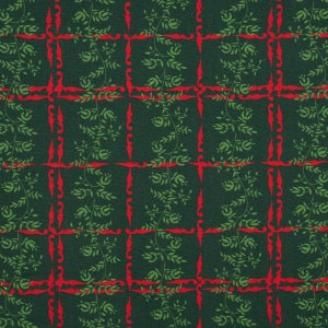 May include: A repeating pattern with a dark green backdrop, overlaid with a grid of red lines. Each grid square contains green leafy vines. The design has a vintage or botanical aesthetic.
