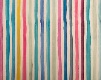 Tessuto di cotone al metro, tessuto decorativo, mezzo panama, stampa digitale, righe, bianco, blu, rosa, giallo, 140 cm