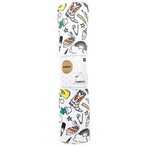 May include: White jersey fabric with a colorful print of various objects, including boots, a cactus, a flamingo, a rainbow, and a unicorn. The fabric is labeled "Jersey Fabrics".