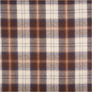 Puede incluir: Primer plano de una tela a cuadros con un patrón repetitivo. El diseño presenta una cuadrícula de líneas que se cruzan en marrón, crema, azul y naranja. La tela tiene un aspecto suave y texturizado, adecuada para ropa o decoración del hogar.
