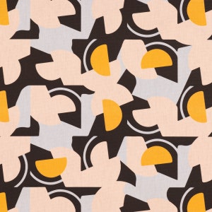 Könnte beinhalten: Abstraktes geometrisches Muster mit rosa, gelben und schwarzen Formen auf hellgrauem Hintergrund.