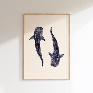 Poster con squalo balena, stampa artistica di biologia marina, decorazione da parete marina, arazzo da parete per cameretta dei bambini, acquerello con tema nautico in stile casa sulla spiaggia, regalo per gli amanti dell'oceano
