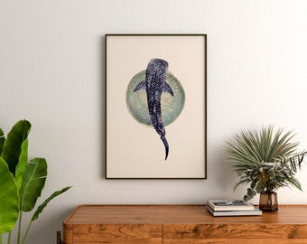Whale Shark Poster, Marine Biology Art Print, Sea Wall Decor, Nursery Wall Hanging, Nautical Beach House Watercolor Art, Ocean Lover Gift