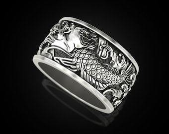 Japanese Koi and Wave Silver Ring, Christmas Gift, Men Women Ring, Wedding Ring