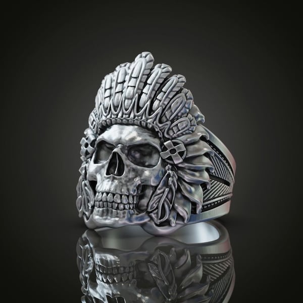 Silber Indianer Häuptling Totenkopf Ring, Native American Heritage, Gothic Ring, Geschenk für Sie und Ihn, Weihnachtsgeschenk