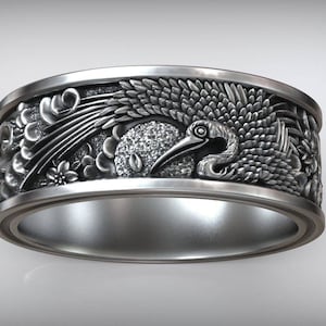 Traditional Japanese Crane Tsuru Sun Ornamental Wedding Band Silver Gold Ring Statement Jewelry