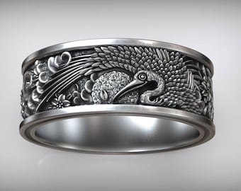 Traditional Japanese Crane Tsuru Sun Ornamental Wedding Band Silver Gold Ring Statement Jewelry