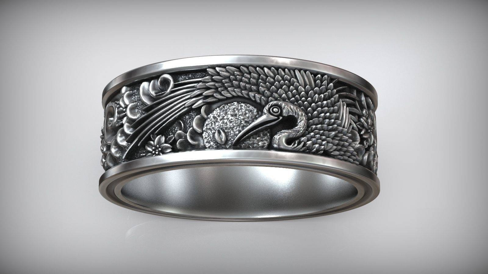 Traditional Japanese Crane Tsuru Sun Ornamental Wedding Band