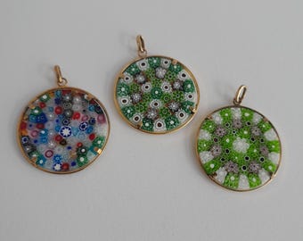 Vintage Murano Millefiori Pendant, Goldplated Silver, Boho Glass