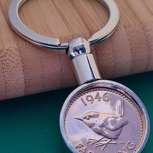 80th Birthday 1946 Farthing Keyring: Double-sided UK coin, see both sides. Gift Wrapped  (Quicker delivery option at checkout)