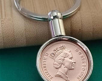 40th Birthday 1986 Lucky Penny Keyring, Double-sided UK coin, see both sides. Comes Gift Wrapped  (Quicker delivery option at checkout)