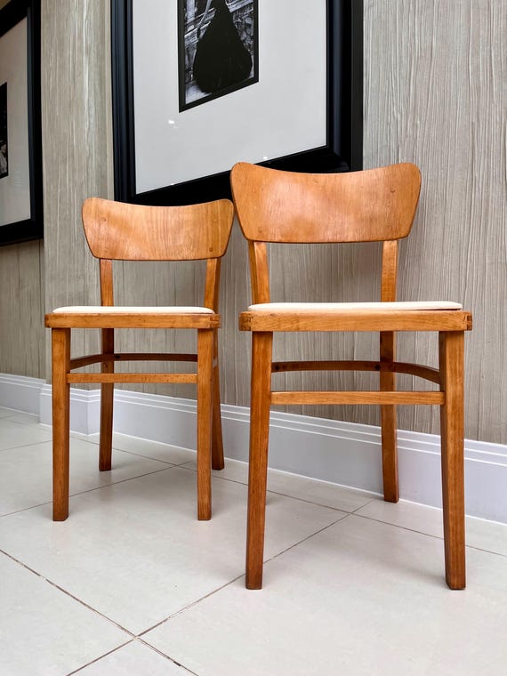 Mid-Century European Beech Café Chairs – Restored 1950s/60s Pair with New Cream Upholstery